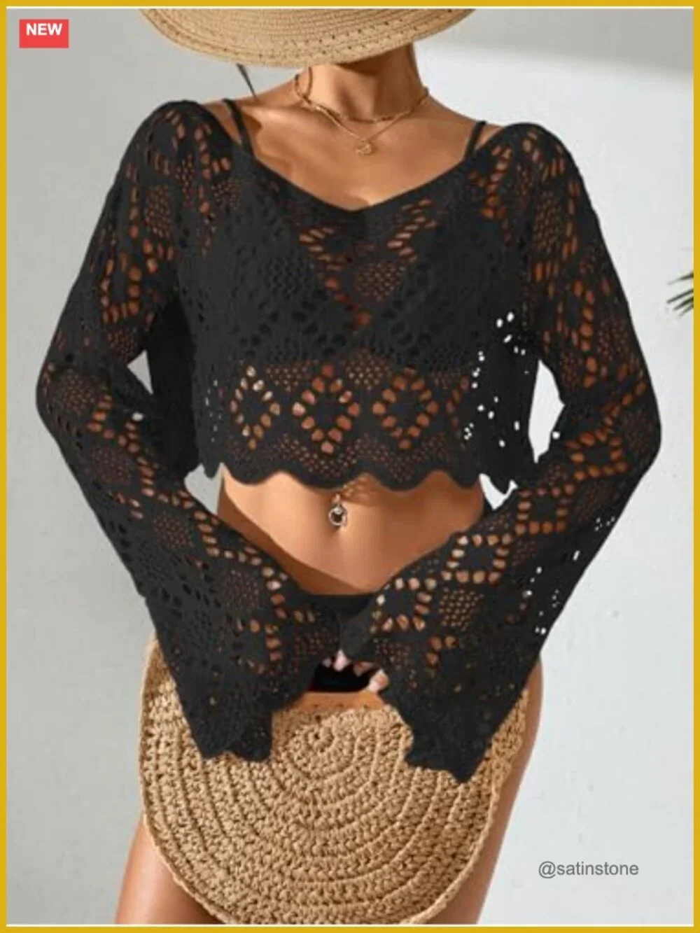 Crochet Swimsuit Coverup Crop Top Off Shoulder Ruffle Trim Beach Cover Up
